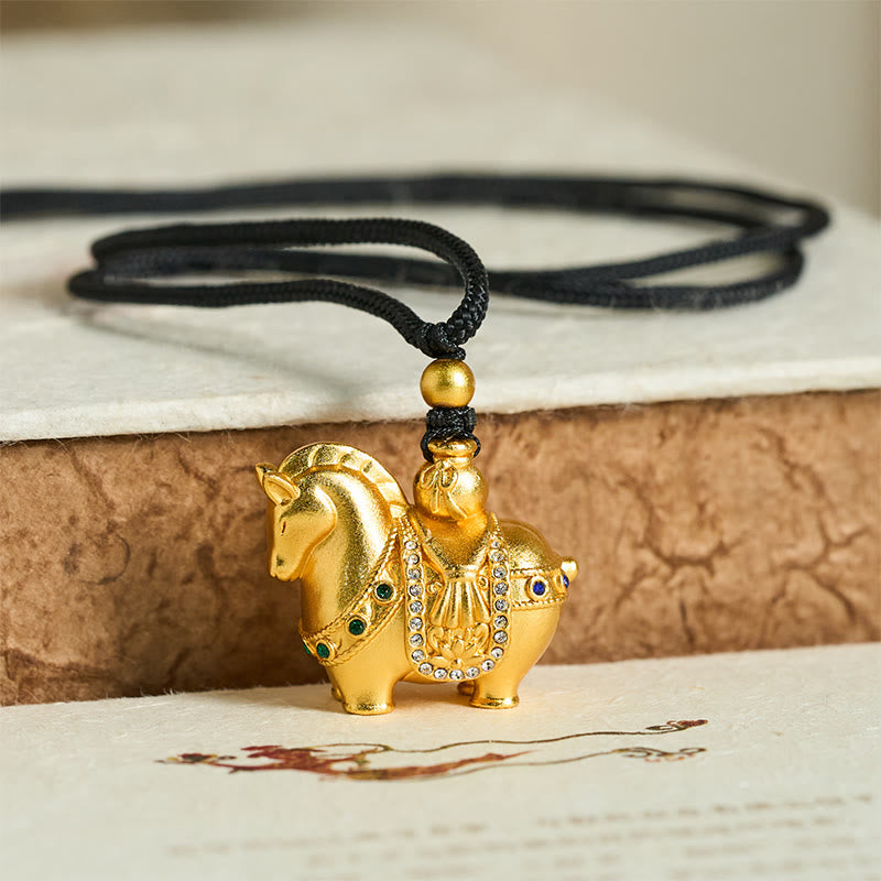 Vergoldete Messing Pferd Kette Anhänger schwarzer Kordelkette elegant dekorativ