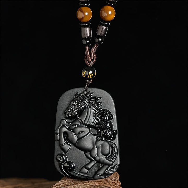 Schwarze Obsidian Kette mit Pferd und Affe Anhänger Naturstein