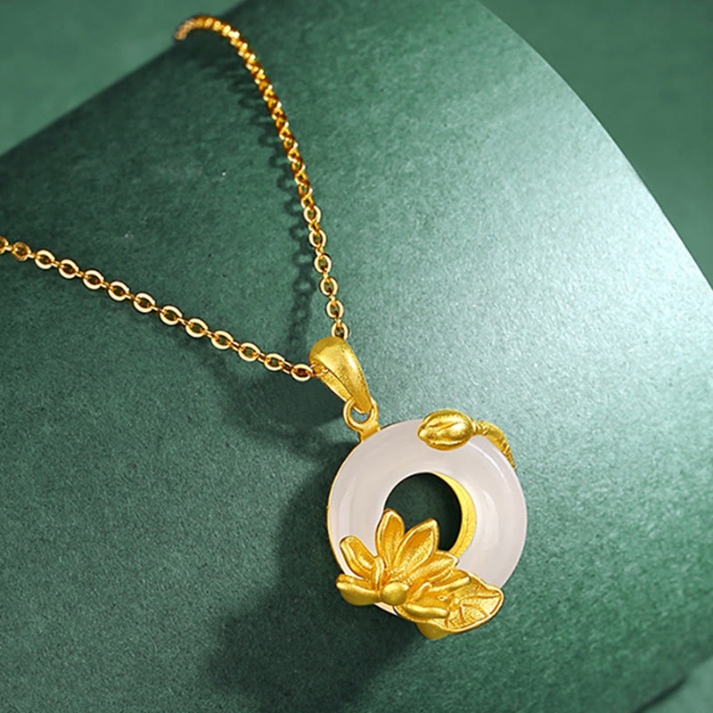 Kette Weißer Chalzedon Lotus Schnalle – Frieden goldene Lotusblüte Anhänger