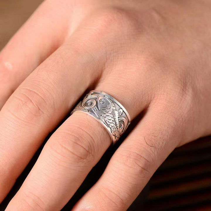 Ring Koi Fisch Herzsutra aus Silber getragen Glück Wohlstand Fengshui