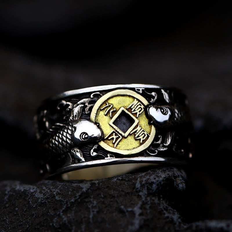 925er Silber Ring Koi Fisch Kupfermünze Glück Wohlstand Feng Shui