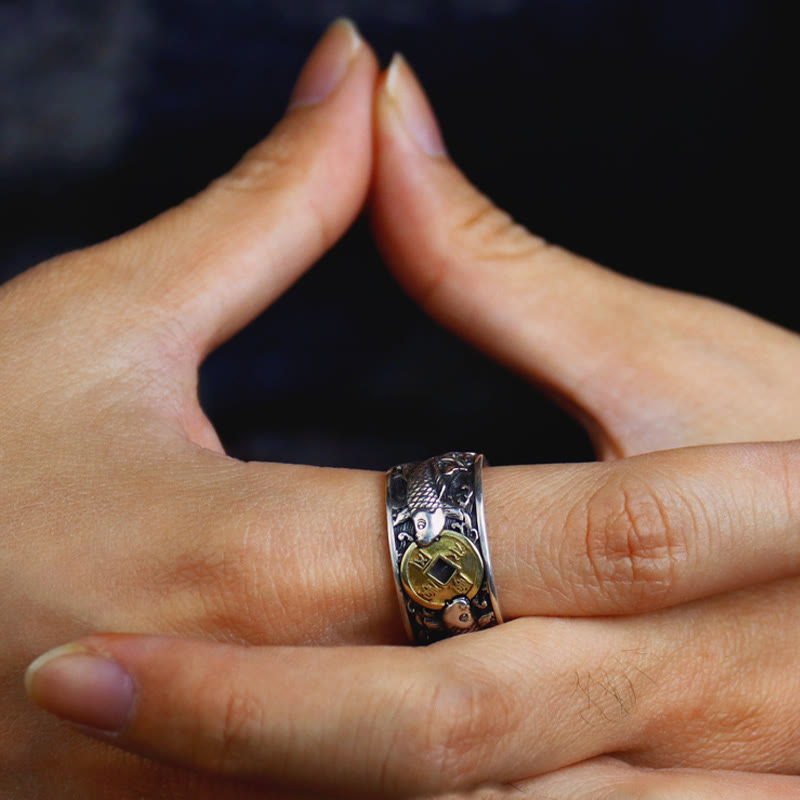 Silber Ring mit Koi Fisch Kupfermünze für Glück und Wohlstand