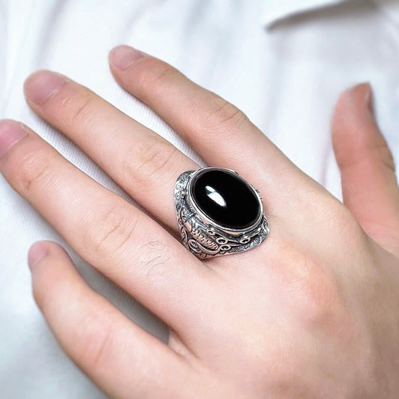 Ring Schwarzer Obsidian Koi Fisch Stärke mit silbernem Ornament