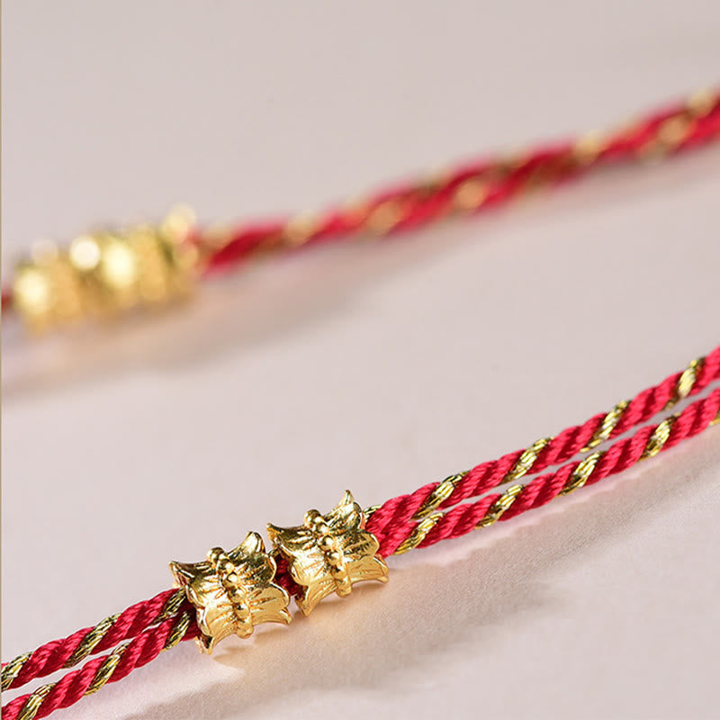 Armband Kupfer Fünf Kaiser – Balance rotes Band goldene Perlen Detail