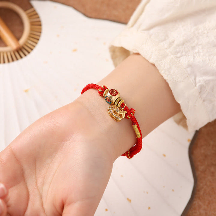 Armband Kupfer Fu-Zeichen rote Schnur getragen Handgelenk Glück Reichtum Schutz