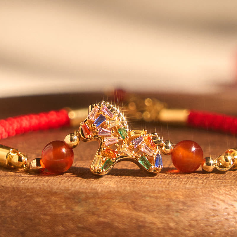 Armband Roter Achat Kupfer Balance Pferd Anhänger bunte Kristalle Handgelenk