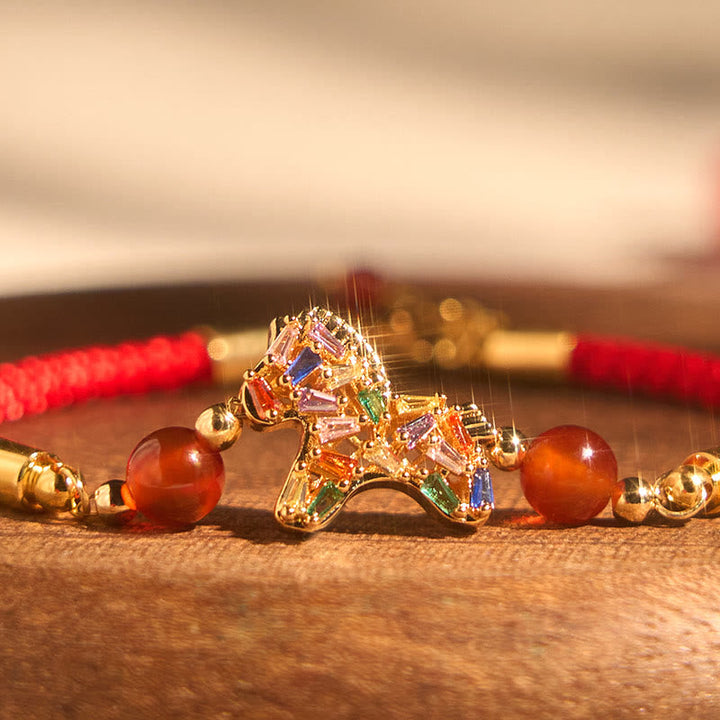 Armband Roter Achat Kupfer Balance Pferd Anhänger bunte Kristalle Handgelenk