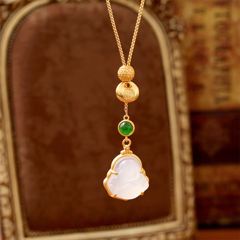 Kette Chalcedon Lachender Buddha Kupfer Anhänger Naturstein Glück
