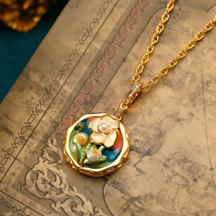 Goldene Kette mit bemaltem Blumen-Anhänger, Kupfer-Öl-Malerei Wohlstand