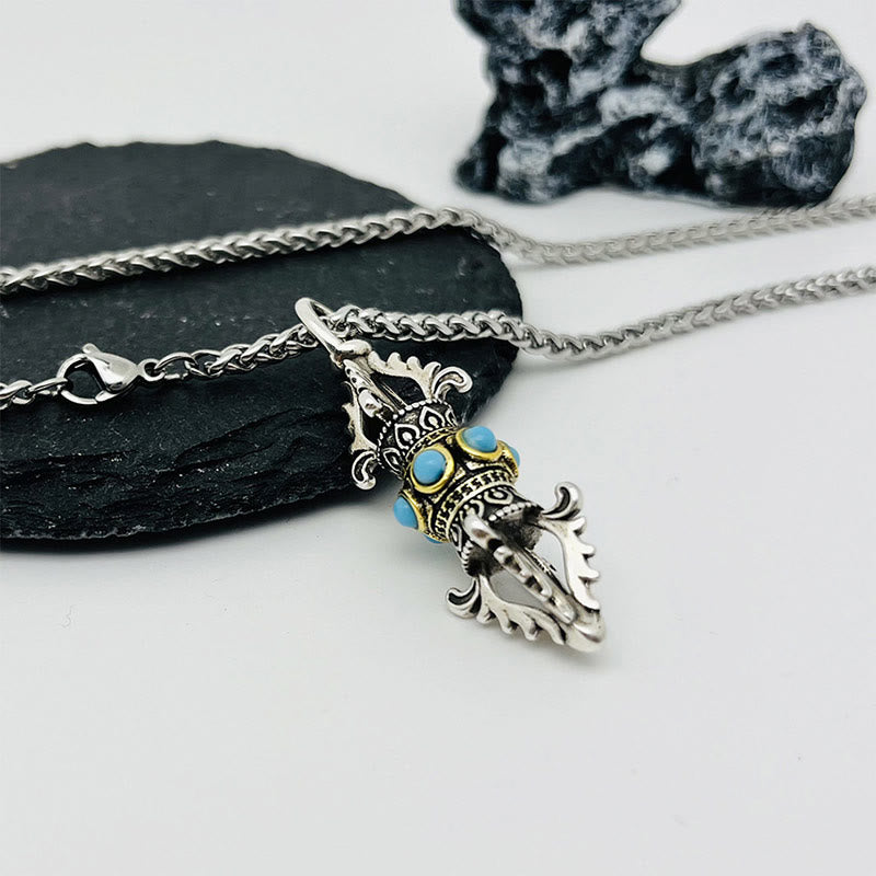 Silberne Tibet-Kette mit Vajra-Drachen-Anhänger und blauen Steinen