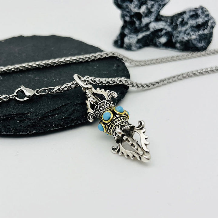 Silberne Tibet-Kette mit Vajra-Drachen-Anhänger und blauen Steinen