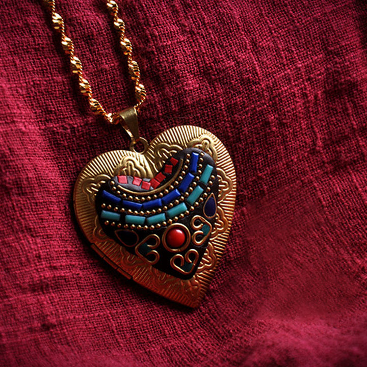 Kette Kupfer Kwan Yin – Wohlstand blaue Steine Herz Anhänger Schmuck