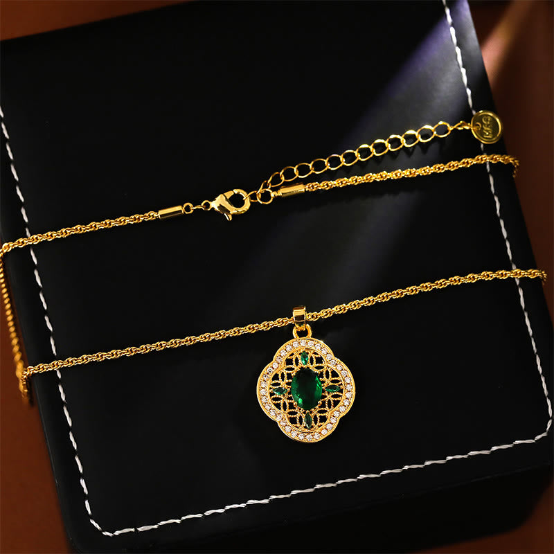 Goldene Kette Kupfer Kleeblatt Liebe grüner Stein eleganter Schmuck Anhänger