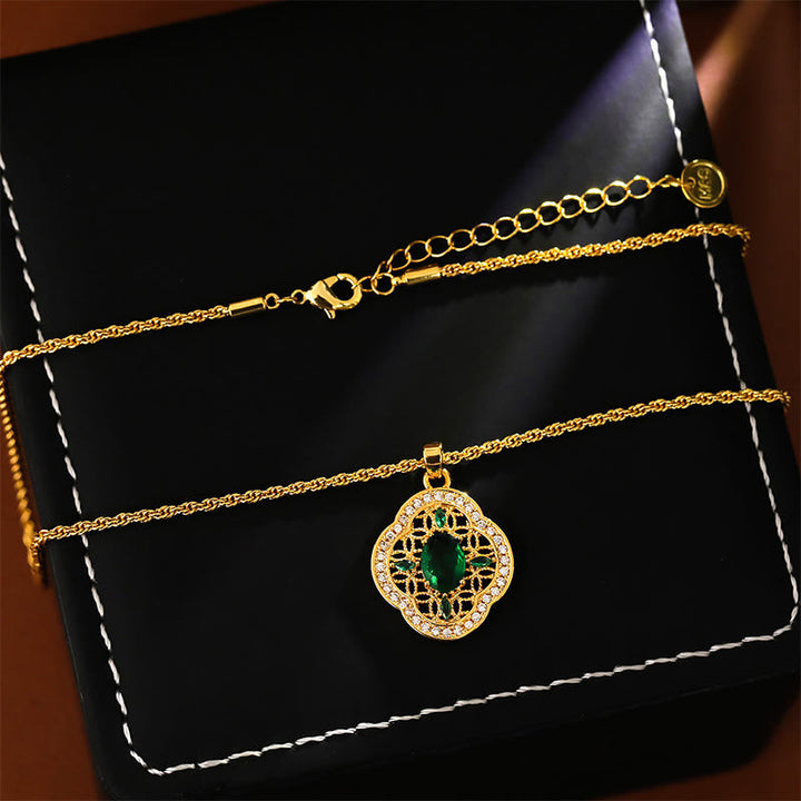 Goldene Kette Kupfer Kleeblatt Liebe grüner Stein eleganter Schmuck Anhänger