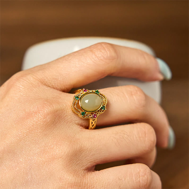 Ring Kupfer Jade Ei mit grünem Stein Glück Fengshui Schmuck