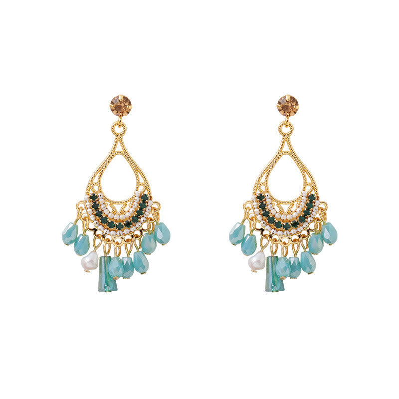Ohrringe Kupfer Quaste Perle türkis Boho Schmuck Tropfen Ohrhänger elegant