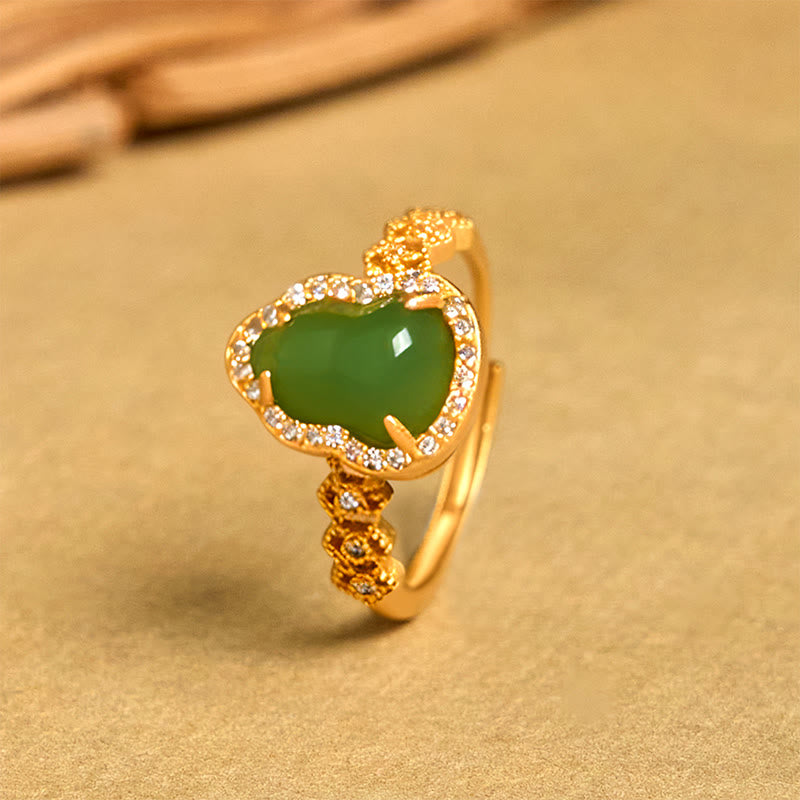 Grüner Chalzedon Kürbis Ring Kupfer mit Diamanten Wohlstand Glück