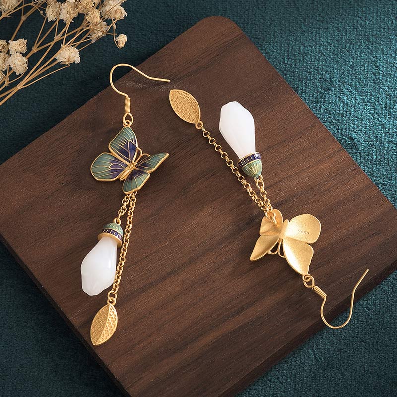 Ohrringe Weiße Jade Kupfer – Glück Schmetterling Boho Schmuck spirituell