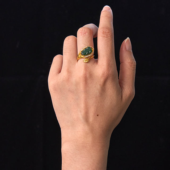 Pixiu Ring Kupfer Jade Blatt grüner Stein Wohlstand Glück Fengshui Schutz