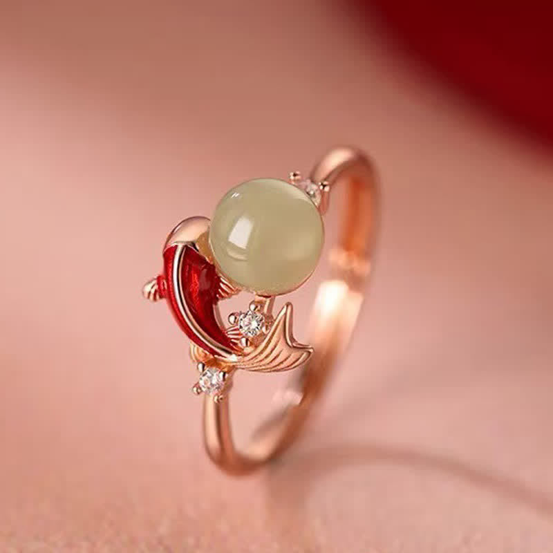 Kupfer Koi Fisch Ring mit Jade Perle Erfolg Schutz Glück