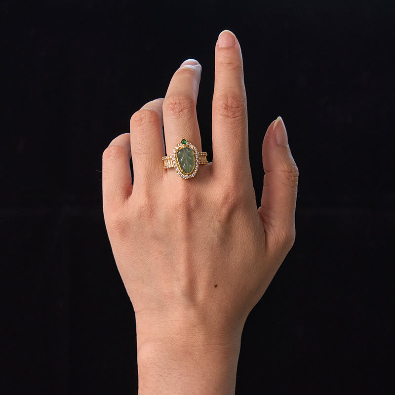 Jade Blatt Ring Kupfer vergoldet Eleganz Glück Schutz Fengshui