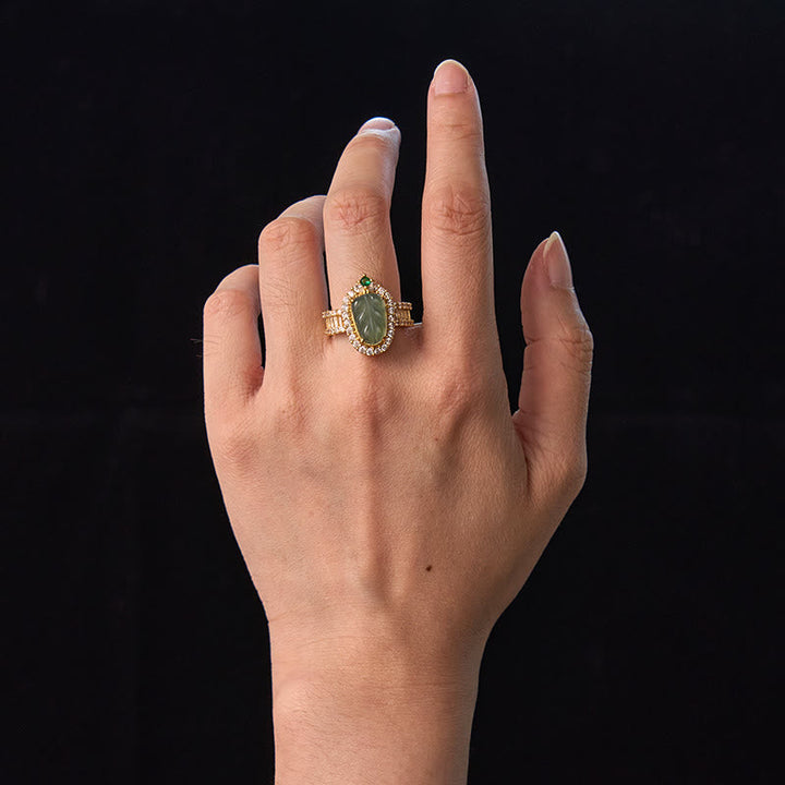 Jade Blatt Ring Kupfer vergoldet Eleganz Glück Schutz Fengshui