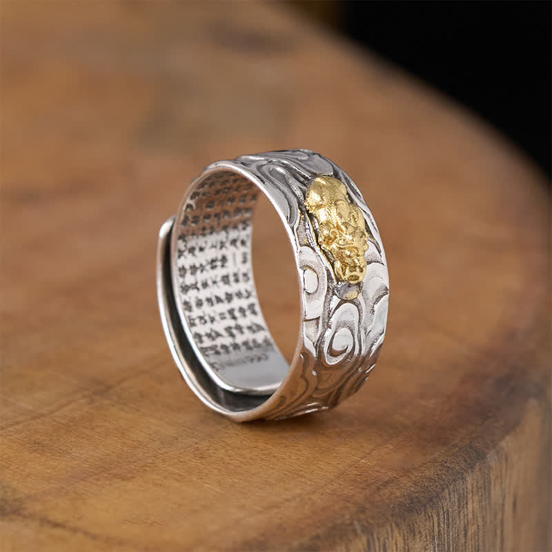 Pixiu Ring Silber Herzsutra getragen Wohlstand Schutz Fengshui Glück