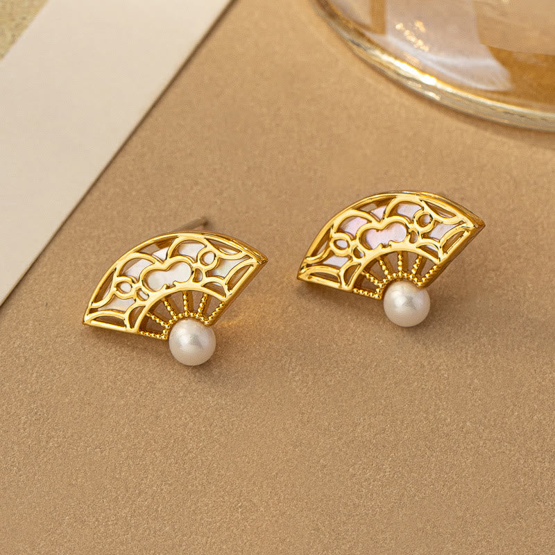 Ohrringe Perlen Kupfer Fächer Weisheit goldene Ohrstecker spirituell Schmuck