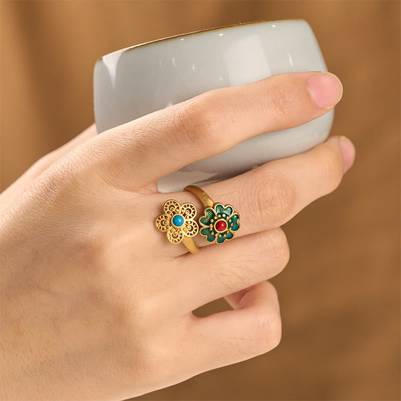 Ring Kupfer Türkis Doppelblüte getragen Hand Fengshui Wohlstand