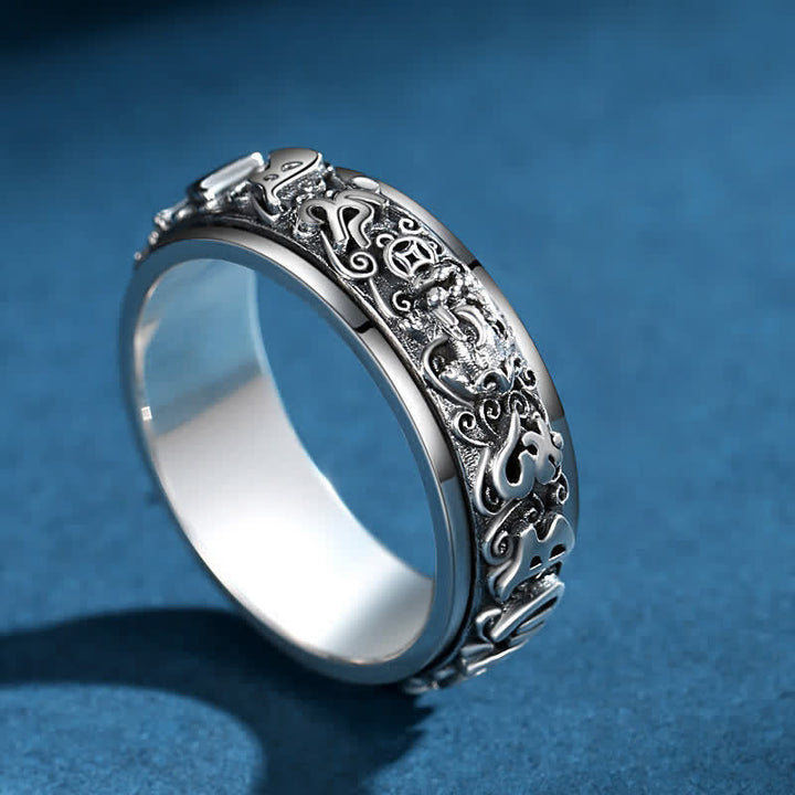 Silberner Kupfer Ring mit Pixiu Om Mani Padme Hum graviert Fengshui