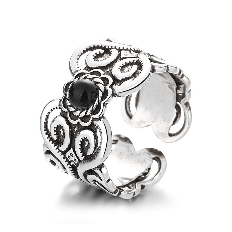 Silber Ring Schwarzer Onyx OM Symbol Mongolisch Glück Schutz