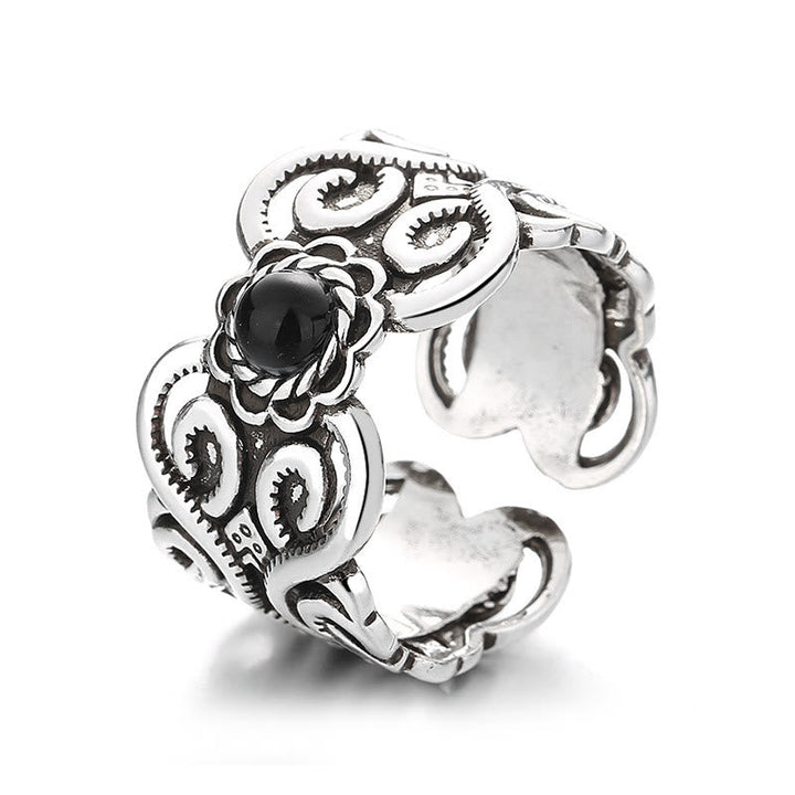 Silber Ring Schwarzer Onyx OM Symbol Mongolisch Glück Schutz