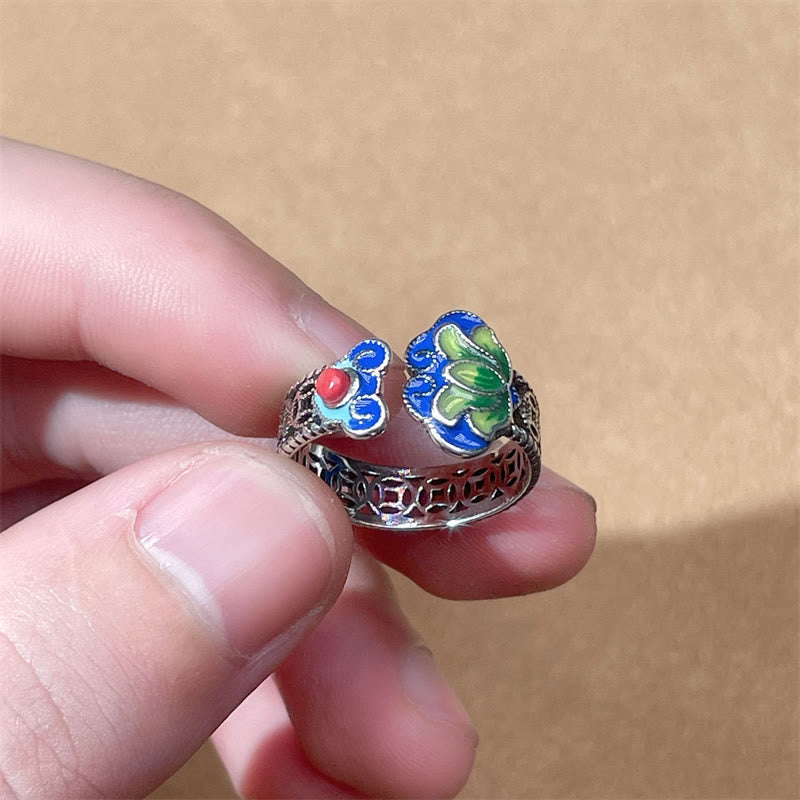 Ring Kupfer Lotus Münzen mit farbigen Edelsteinen Glück Schutz