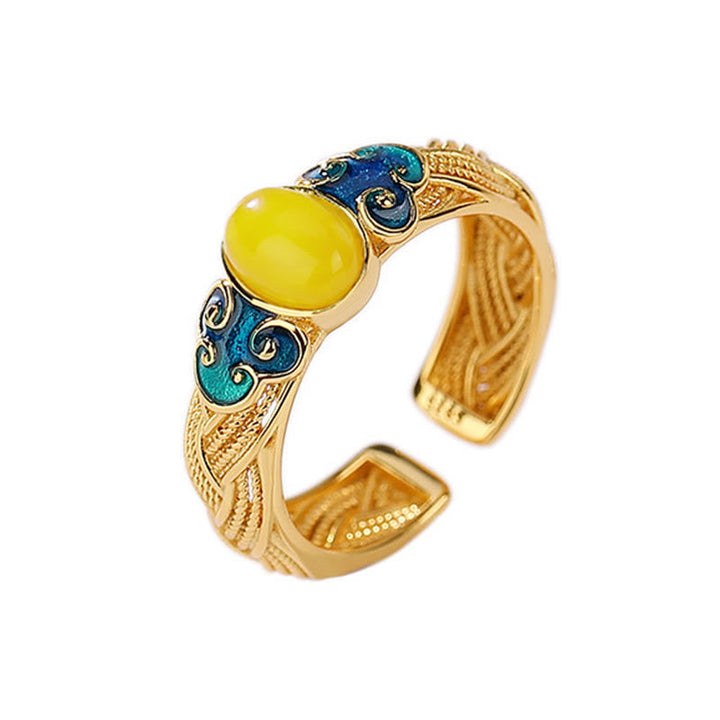 Kupfer Ring Bernstein gelb blau Glückswolken Klarheit Feng Shui Schutz
