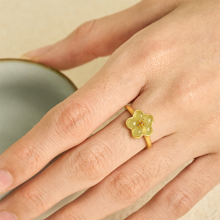 Ring aus Kupfer Hetian-Jade Pflaumenblüte golden Fengshui Glück