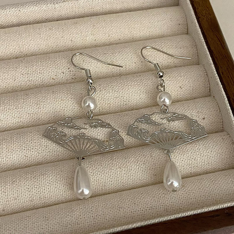 Ohrringe Kupfer Perle Glückswolken silberfarben Fächer Boho Schmuck spirituell
