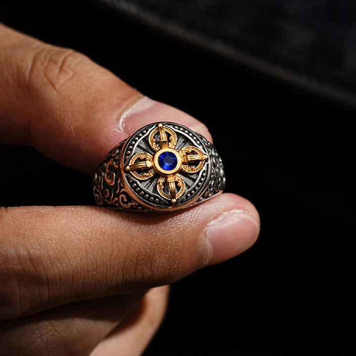 Ring Kupfer Tibetkreuz Vajra blauem Stein Balance Schutz Energie