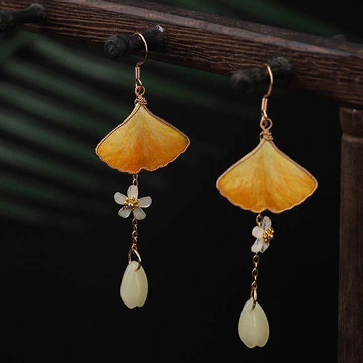 Ohrringe Ginkgo Kupfer Seide – Glück Boho Schmuck spirituell Ohrhänger