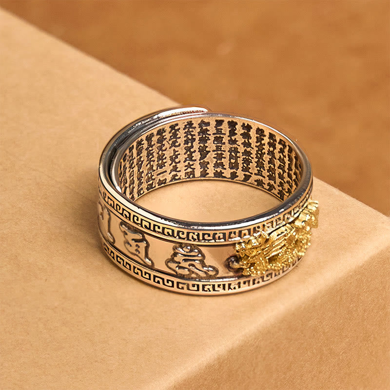 Kupfer Drachen Ring mit Herzsutra chinesischen Zeichen Glück Schutz Stärke