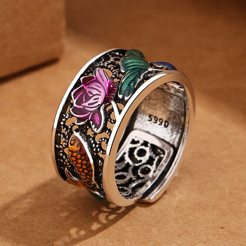 Kupfer Ring mit Lotus Koi Fisch Ornament Fengshui Glück Schutz