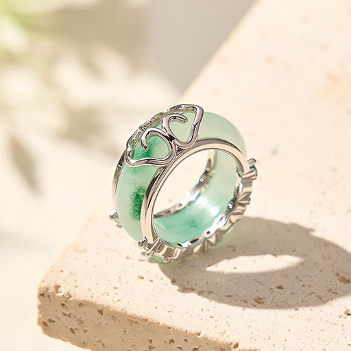 Filigran Ring Kupfer grüner Jade Stein Herz Design