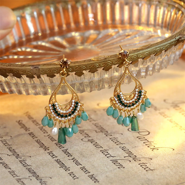 Ohrringe Kupfer Quaste Perle grün Boho Schmuck spirituell Ohrhänger
