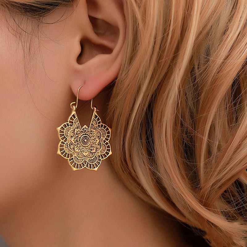Ohrringe Kupfer Lotus Tibetisches Design Mandala Ohrhänger Boho Schmuck spirituell