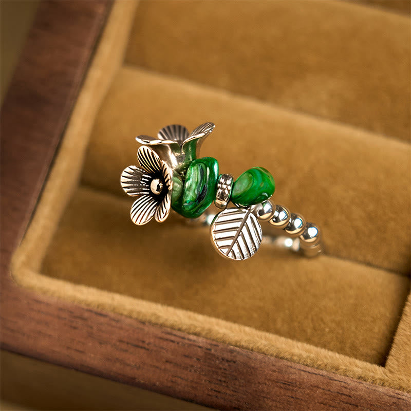 Ring Kupfer Blumenmuster grüner Stein Perlen Glück Schmuck