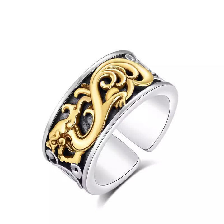 Ring Kupfer Drachen Blüte Silber Stärke Glück Feng Shui Schmuck