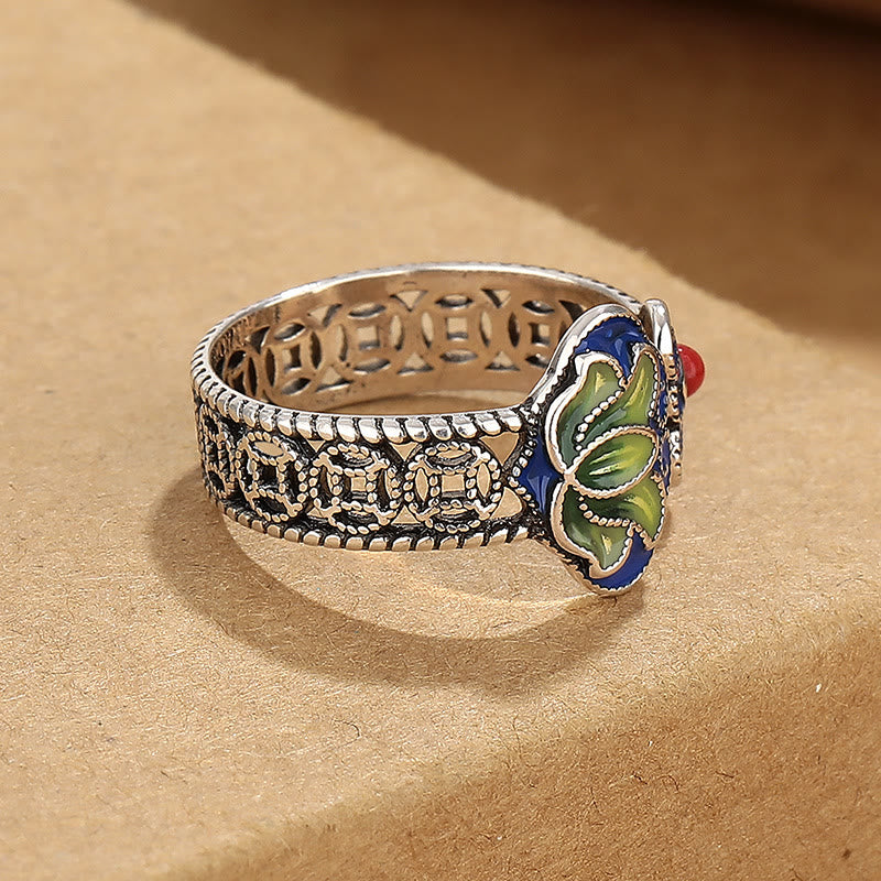 Ring Kupfer Lotus Münzen Blatt Motiv Email Fengshui Glück Schutz