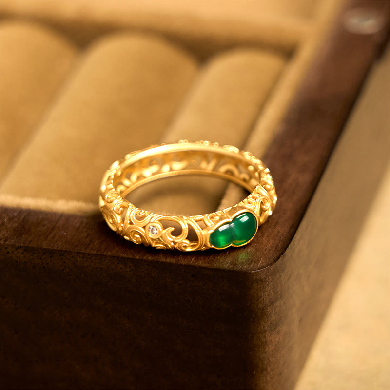 Vintage Kupfer Ring Grüner Chalzedon Kürbis Design Wohlstand Fengshui