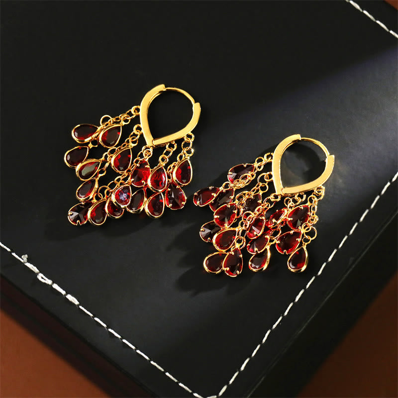 Ohrringe Kupfer Tropfen Quaste rote Steine Boho Schmuck eleganter Ohrhänger