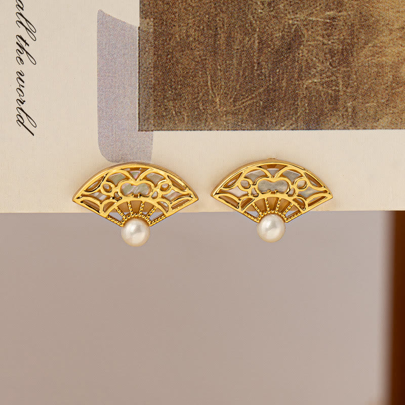 Ohrringe Perlen Kupfer Fächer Weisheit goldene Ohrstecker Boho Schmuck spirituell