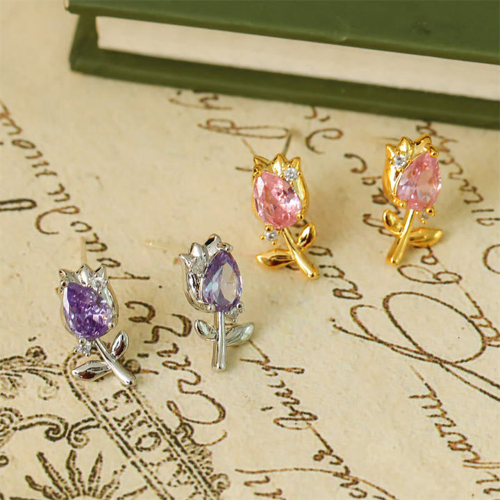 Ohrringe Tulpe Zirkonia Kupfer rosa lila Blumen Schmuck elegant Ohrstecker
